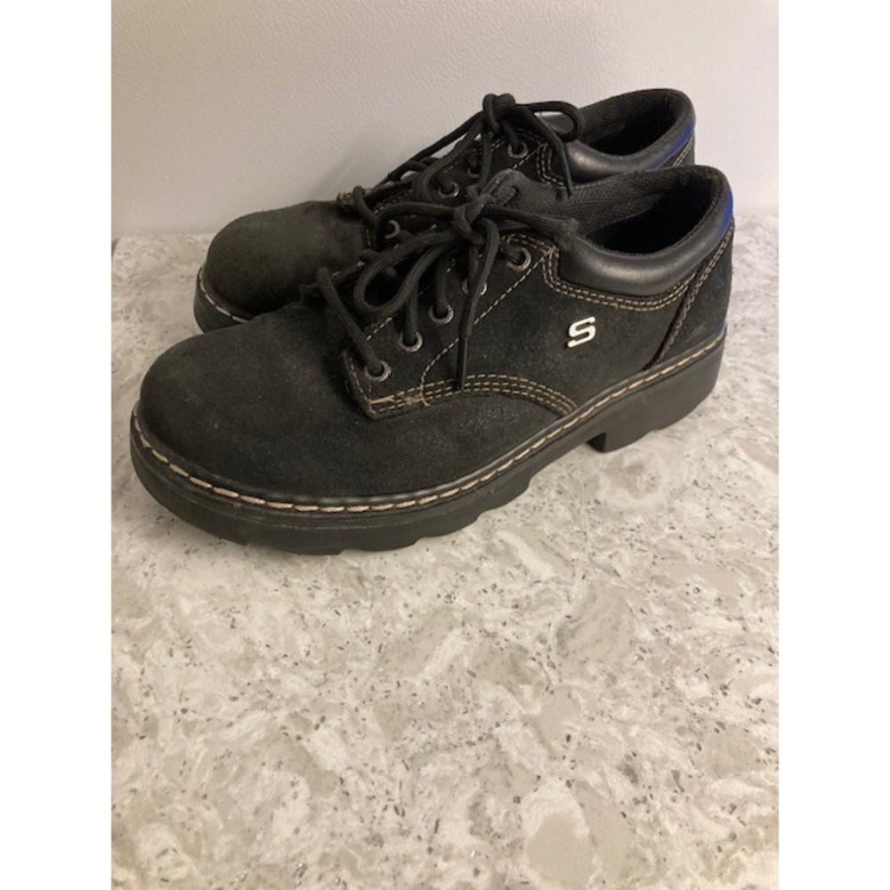 Skechers Parties Mate Oxfords Black Heavy Stitching Chunky Women's Black 9 - Picture 2 of 7